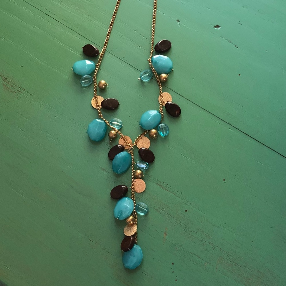 14” Necklace- turquoise, brown & gold in color